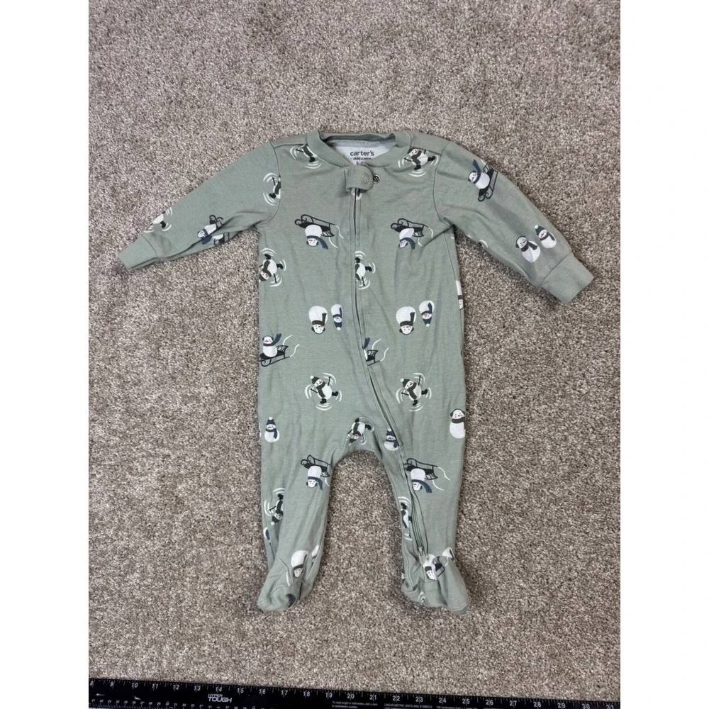 Carters Child of Mine Baby Sage Green Penguin Winter Footed Pajama 3-6 Months